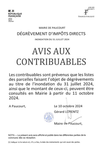 Dégrèvement d'impôts directs - inondation juillet 24