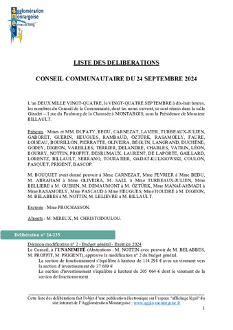 Délibération du Conseil Communautaire 24 sept 2024